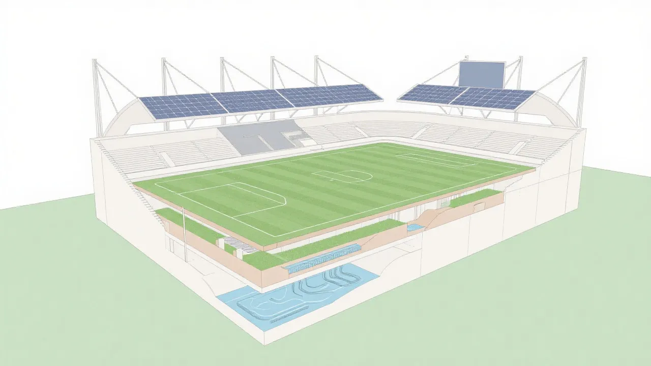 体育场剖面示意风格画面：屋顶开合、草皮层与能源系统的可持续策略