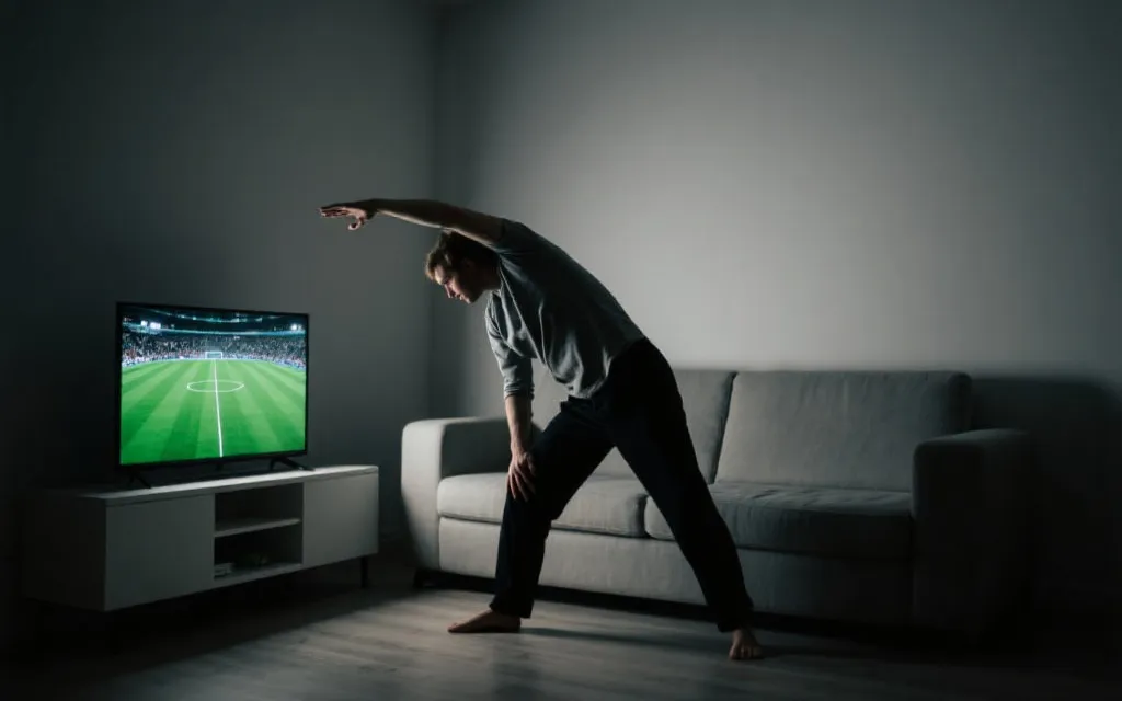 深夜看球后在客厅做轻拉伸放松，动作温和，氛围安静